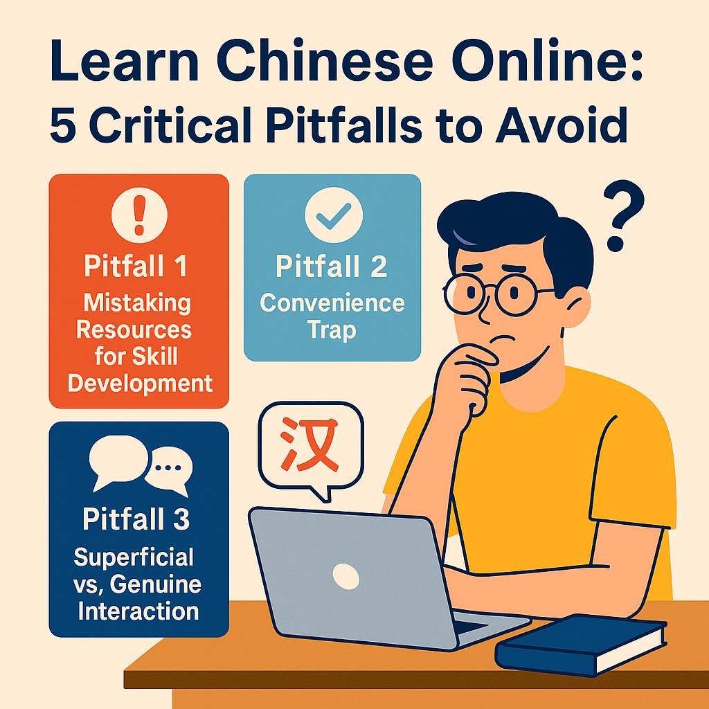 Frustrated young man facing online Mandarin learning pitfalls like convenience trap and superficial interaction