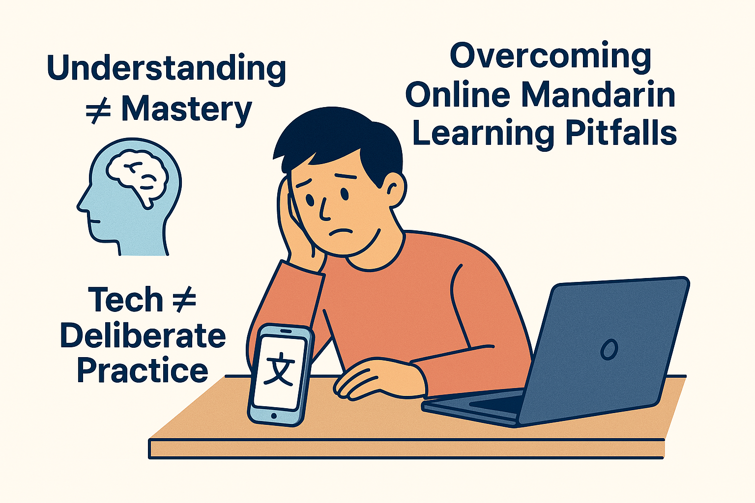 Focused Mandarin student realizing understanding doesn't equal mastery, and that tech tools can't replace deliberate practice