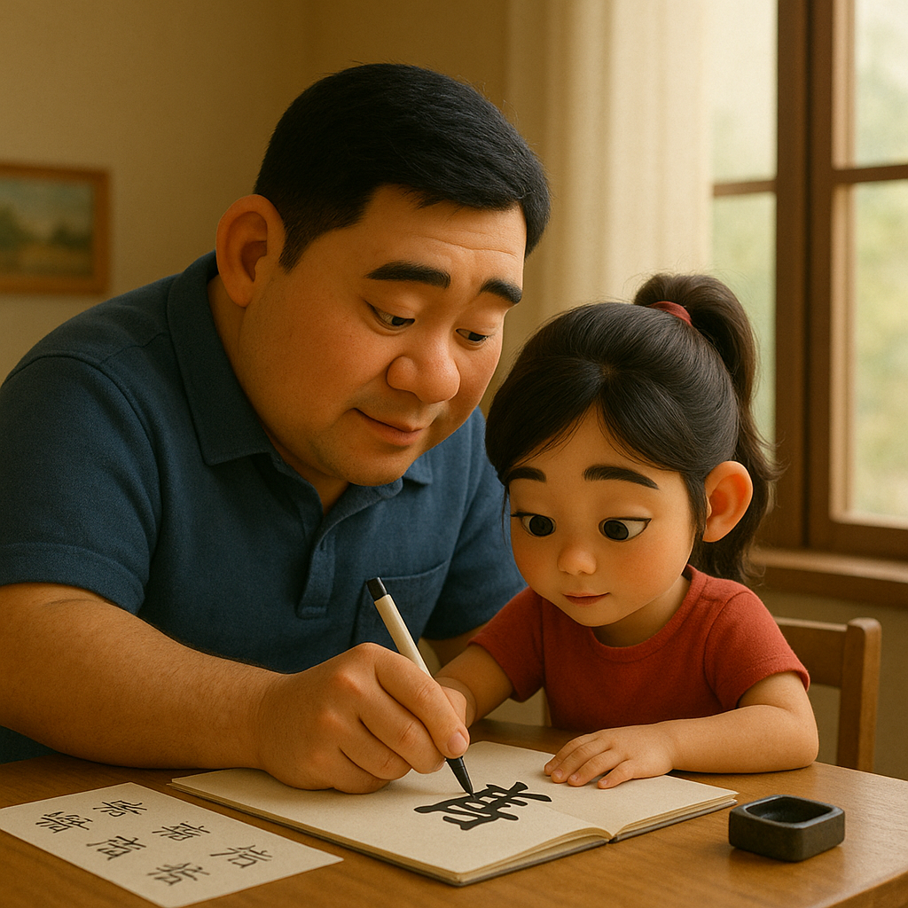 a chinese dad helps his daughter learn chinese characters