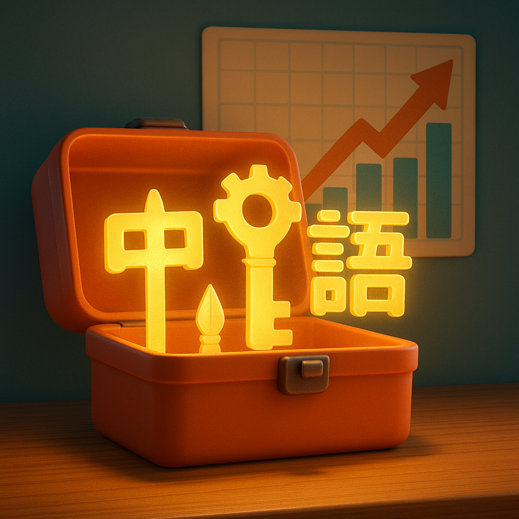 an open orange toolbox on a wooden surface, containing glowing yellow Chinese characters shaped like tools, with an upward arrow growth chart in the background—symbolizing Chinese as a powerful tool to boost your abilities.