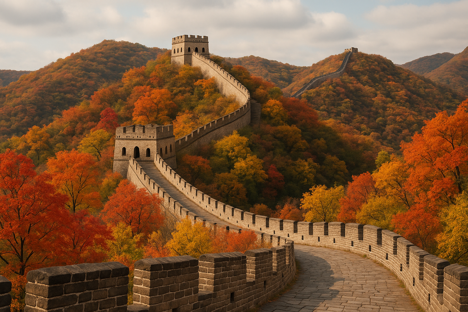 The Great Wall of China during autumn with colorful fall foliage