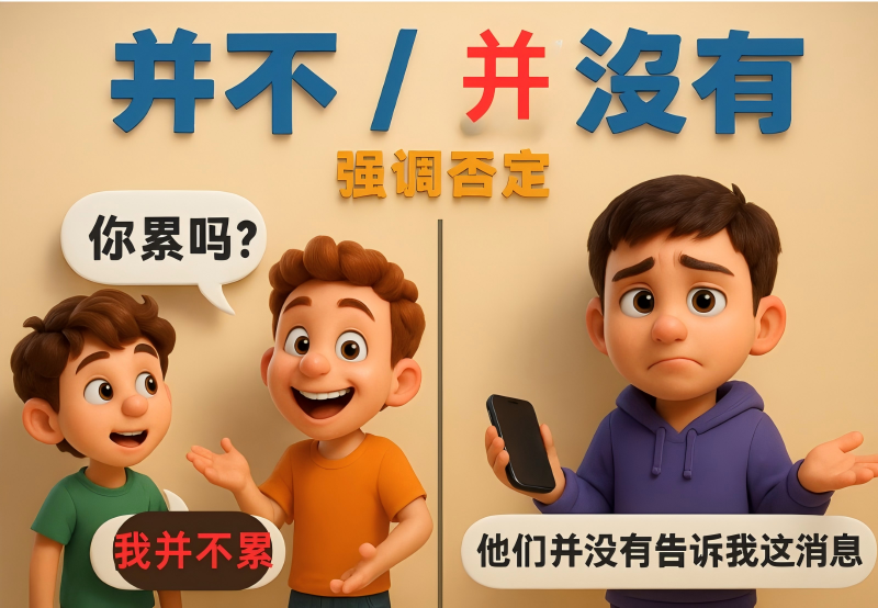 HSK 4 Grammar: 并不 vs 并没有 difference explained - strong negation patterns in Mandarin Chinese with visual examples