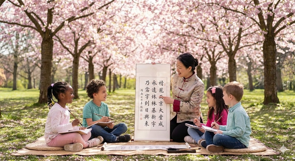Children learning Chinese under cherry blossom trees