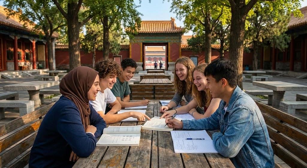 American students learning Chinese in Beijing classroom