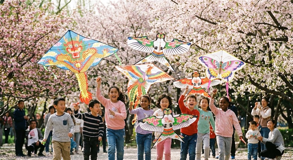 Children learning Chinese under cherry blossoms in Beijing spring camp