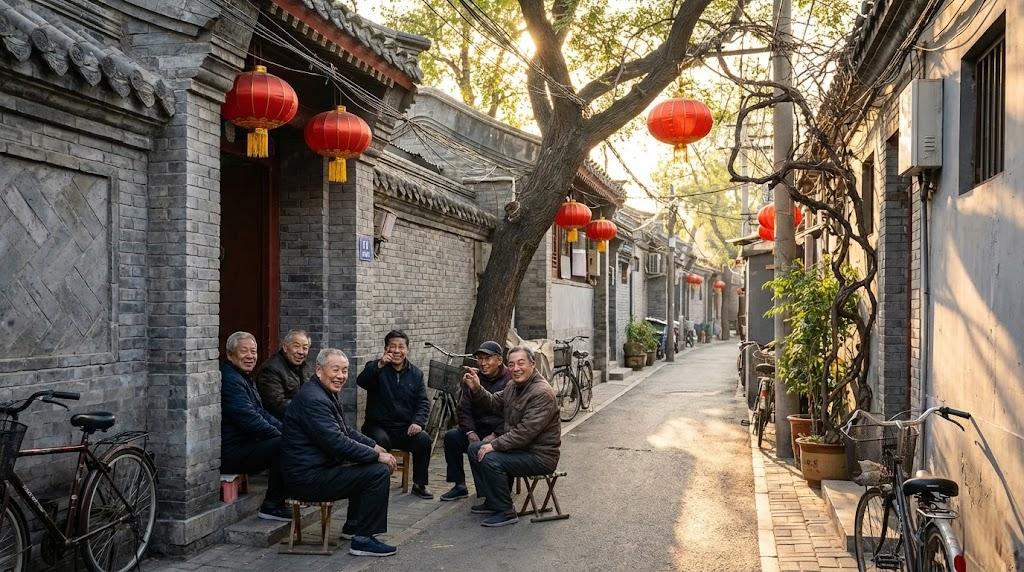 Beijing locals speaking Mandarin Chinese in hutong