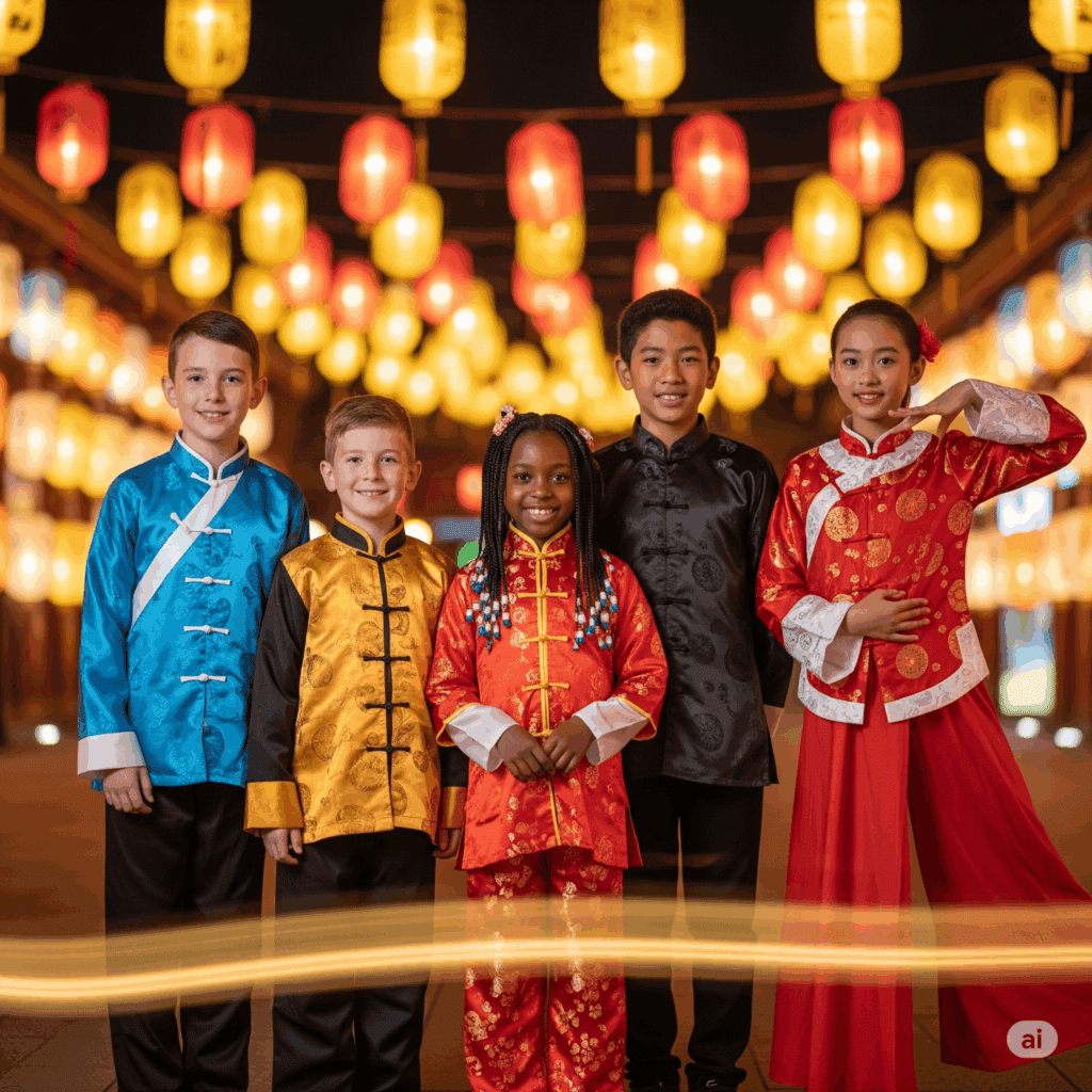 A diverse group of five international youths—two 8-year-old white boys, a 10-year-old Black girl, a 14-year-old Indonesian boy, and a 16-year-old Thai girl—all wearing traditional Tang suits, celebrate the Lantern Festival at night in China, surrounded by glowing lanterns.