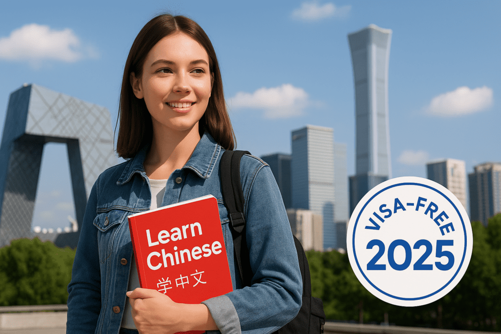 Young woman holding a "Learn Chinese" textbook with a visa-free 2025 travel badge, standing in front of modern Beijing skyscrapers on a sunny day.